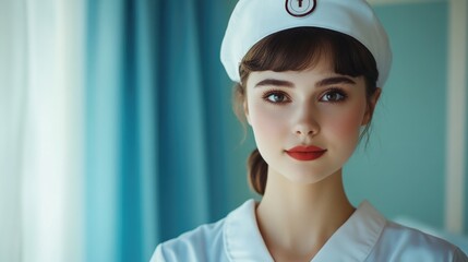 Beautiful young woman in doctor uniform with a white hat and red lips, standing indoors with blue curtains and soft natural light.