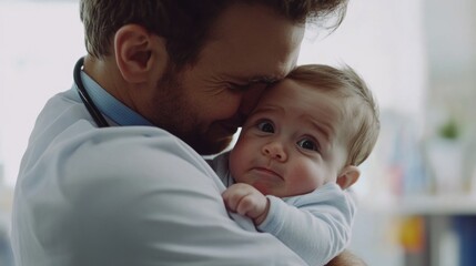 Caring doctor in white coat embraces distressed infant in warm light-filled clinic setting, conveying compassion and comfort for baby.