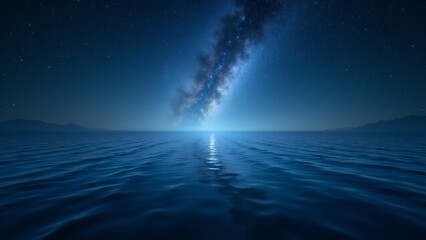 A starry sky reflected on a calm ocean, creating a serene and tranquil night scene.