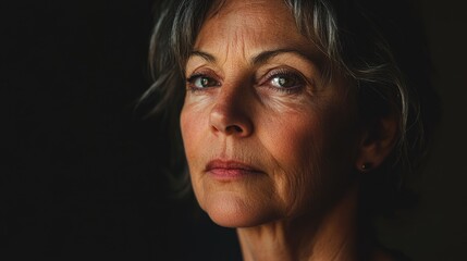 Dramatic low key portrait of a 50-year-old middle-aged woman with short gray hair and expressive eyes highlighting natural aging features in shadowed setting