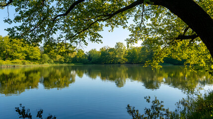 Fototapeta premium Tranquil Lake with Reflection of Lush Green Trees in Summer : Generative AI