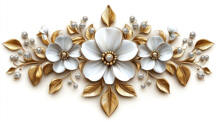 Gold floral design, white flowers, pearls, isolated, decoration