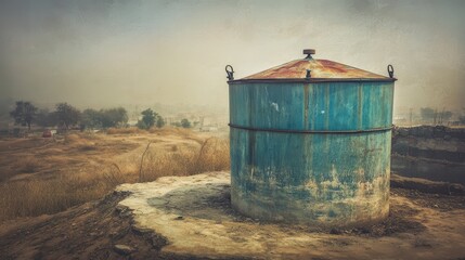 Weathered Water Tank on a Dry Landscape Under a Hazy Sky