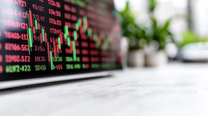 Obraz premium Stock market data on laptop screen, office background. Use Finance news