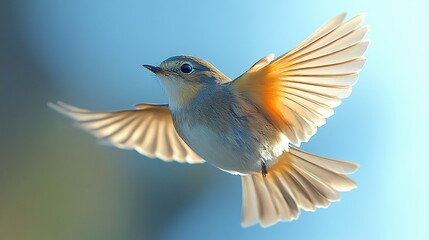 Bird soaring, wings spread, blue sky, blurred background, nature poster