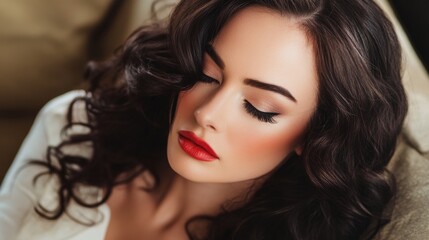 Brunette woman with flawless bright makeup and wavy hair posing elegantly with closed eyes on a soft beige background in a cozy indoor setting.