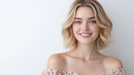 Obraz premium Slim young Caucasian woman with light blonde hair and bare shoulders smiles at the camera against a soft white background promoting skin care beauty.