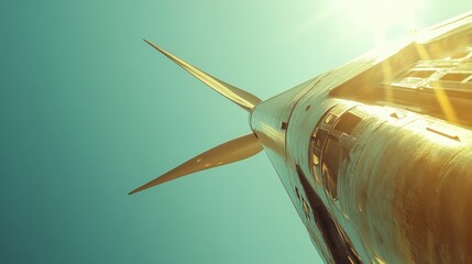 Naklejka premium Blades of a wind turbine rotating against a clear blue sky during midday, showcasing clean energy in motion.
