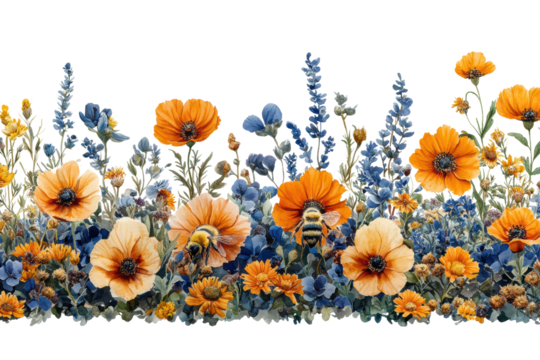 Vibrant collection of diverse flowers in orange and blue hues, attracting bees, against a white isolated background.