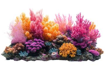 Vibrant coral reef with a variety of colorful corals showcasing beauty and biodiversity in marine ecosystems, isolated on a white background.