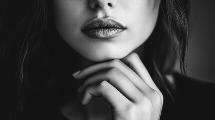 Elegant close-up of young woman's lips and chin with hands gently touching her face in a dramatic black and white studio portrait setting.