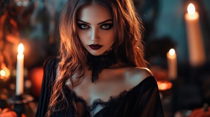 Fototapeta premium Seductive young woman in elegant vampire costume with dark makeup, glowing candles in moody atmosphere, Halloween themed portrait scene.