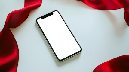 A stylish phone with an empty screen lies on a white table next to a red satin ribbon. Phone mockup. World AIDS Victims Memorial Day. A symbol of the fight against AIDS and HIV infection