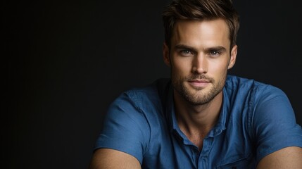 Obraz premium Handsome young adult man with tousled brown hair wearing a casual blue shirt poses confidently against a dark background, exuding charm and charisma.
