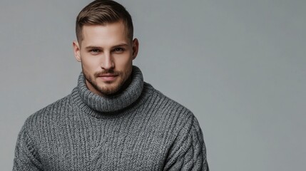 Obraz premium Stylish adult man with short hair wearing a cozy gray turtleneck sweater against an isolated light gray background, exuding confidence and charm.