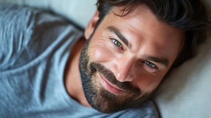 Smiling handsome man with a beard laying on a soft gray couch making eye contact with a joyful expression in a cozy indoor setting