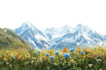 Vibrant mountain landscape featuring lush grass and colorful wildflowers in the foreground, with majestic snow-capped peaks in the background.