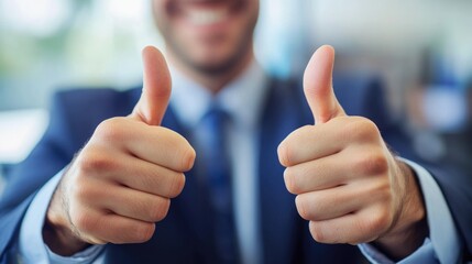 Joyful Caucasian couple celebrating in modern car showroom, interior showcasing vibrant colors, man giving double thumbs up for approval.