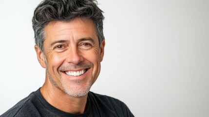Fototapeta premium Smiling 50-year-old man with gray hair and stubble wearing a black shirt on a light white background showcasing happiness and confidence.