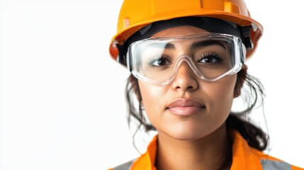 Hispanic Woman Construction Worker in Safety Goggles and Hard Hat Posing on White Background Wearing Bright Orange Reflective Vest