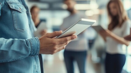 Close-up of diverse healthcare professionals using tablet and clipboard in modern medical office with soft lighting and contemporary decor