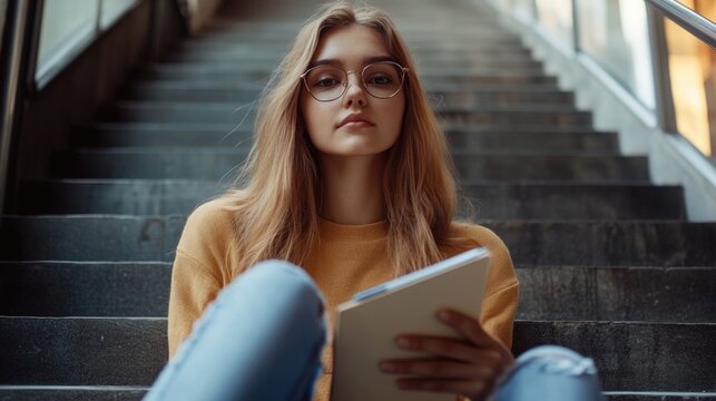 Young woman with long blonde hair and glasses sitting on outdoor concrete stairs with a notepad in a casual sweater; thoughtful expression in a modern setting.