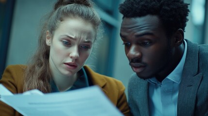 Two coworkers engaged in a focused discussion over a document indoors in a modern office setting with natural light and casual attire