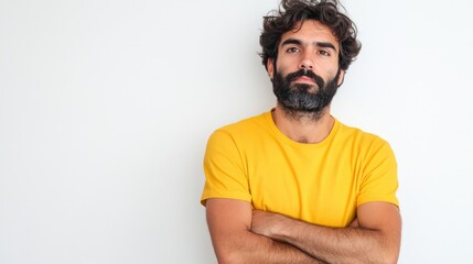 Thoughtful young Hispanic man with beard in yellow T-shirt against white background, arms folded, exhibiting a pensive expression and introspective attitude.