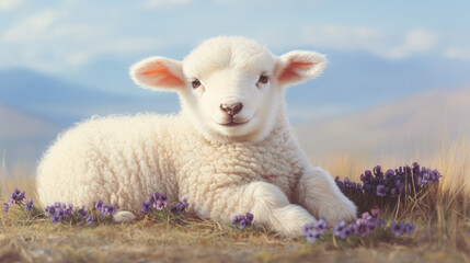 Obraz premium fluffy lamb resting peacefully among vibrant violets in serene landscape