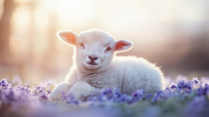 Obraz premium fluffy lamb resting peacefully in patch of violets, radiating tranquility