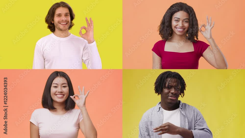 Poster Four individuals from different backgrounds joyfully share positive emotions through gestures. Each person stands against vibrant backdrops, radiating a sense of connection and unity.