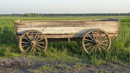 Obraz premium Wooden rustic cart on the field amidst green landscape in sunset