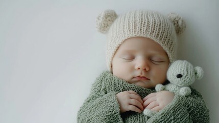 Newborn Baby Sleeping Peacefully on Soft White Background Wearing Bear-themed Knit Hat and Cozy Green Sweater, Holding Toy Bear