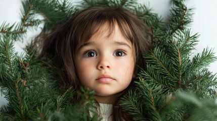 Adorable child girl with long dark hair surrounded by lush green fir branches, capturing the essence of Christmas spirit, looking thoughtfully at the camera.