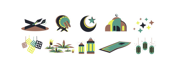 Ramadan themed flat icon set collection. Can be used for Islamic New Year, and Eid al-Fitr and Eid al-Adha. Simple icons in attractive modern colors