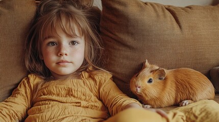 Child with light brown hair sitting on brown sofa, looking at camera with adorable orange guinea pig beside her, cozy indoor setting.