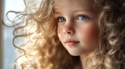 Fototapeta premium Little girl with long golden curly hair gazing thoughtfully out a bright sunlit window capturing soft light reflections and a serene expression