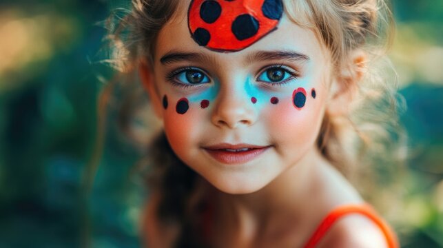 Joyful young girl with ladybug face paint featuring bright red and black colors, outdoors in natural sunlight, displaying a playful expression. - Powered by Adobe
