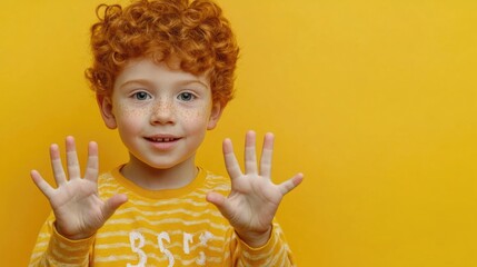 Redhead boy aged 6 showing five fingers on both hands against vibrant yellow backdrop wearing striped long-sleeve shirt with playful expression