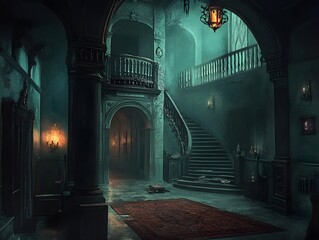 Obraz premium Dark Mysterious Mansion Grand Staircase Interior