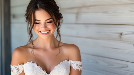 Radiant young bride with long dark hair, wearing an elegant off-the-shoulder white wedding dress, smiling warmly against a rustic wooden background.