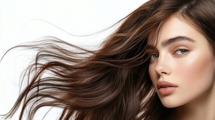 Obraz premium Luxury portrait of young brunette woman with flowing hair on white background showcasing natural beauty and elegance with radiant skin tones