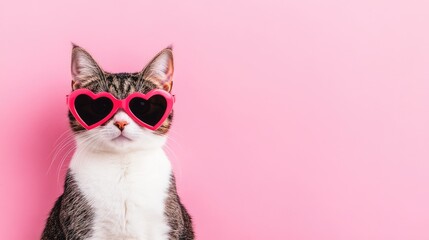 A charming tabby and white cat wearing pink heart-shaped sunglasses poses confidently against a soft pink background, creating a playful and stylish Valentine’s Day theme