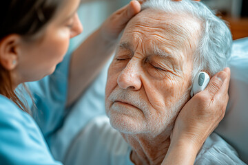 Caregiver checking elderly man's temperature at home