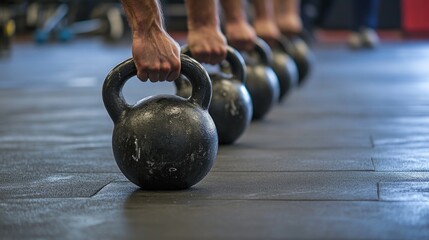 Fototapeta premium Strong man lifting heavy kettlebell in cross training gym with black rubber flooring and various fitness equipment in the background