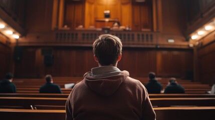 Fototapeta premium Responsible adult man attending lecture in brown wooden university theatre with students seated in back row and warm lighting ambiance