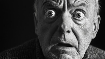 Obraz premium Confused elderly man with wide eyes and shocked expression in black and white portrait, capturing intense emotions in dim lighting setting.