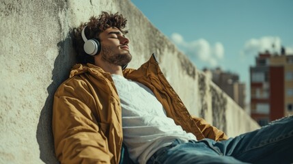 Young man relaxing outdoors, lying against a textured wall while enjoying music through wireless headphones, wearing a casual jacket, with a cityscape background and clear blue sky.