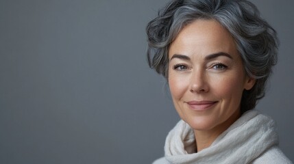 Fototapeta premium Closeup portrait of a 50-year-old mature woman with healthy skin and gray hair smiling gently against a soft gray background with space for text.