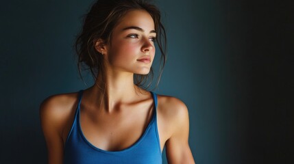 Obraz premium Model in a blue tank top gazing thoughtfully in a smoke-free studio with deep blue walls showcasing contemporary apparel trends